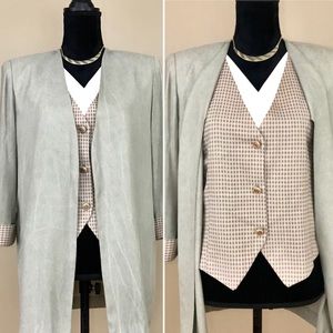 Vintage 80s Grey & Brown Checked Mock Vest Blazer